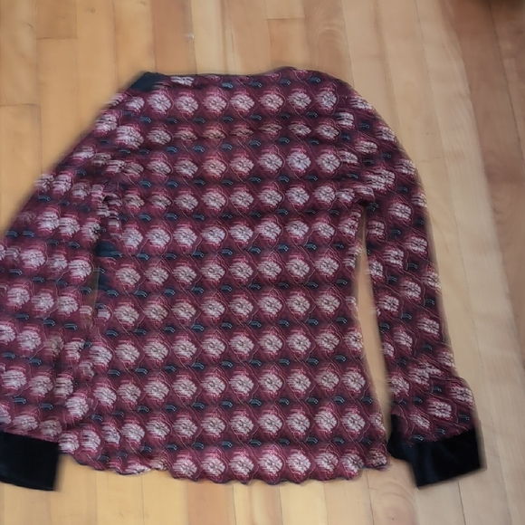 Vintage Black and BurgundGeometric V Neck Women's Top Lace And Velvet Trim Large - Picture 7 of 12